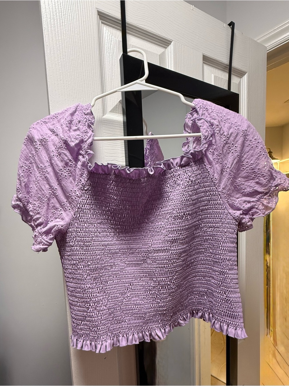 SHEIN Lavender Smocked Eyelet Puff-Sleeve Crop Top